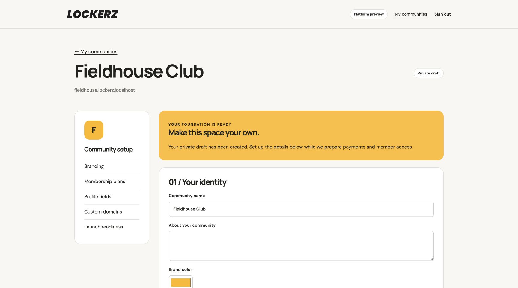 Lockerz community setup preview with branding, membership plans, and profile fields