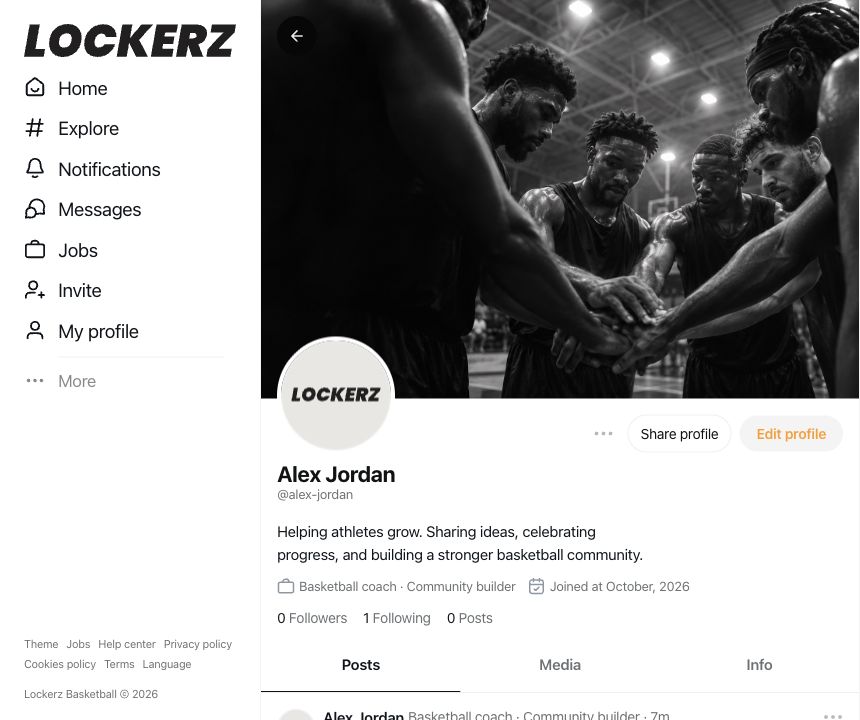 Lockerz branded member profile with a basketball team cover image
